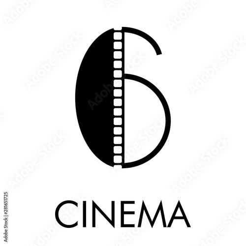 Logotipo con texto CINEMA con número 6 como tira de película en color negro
