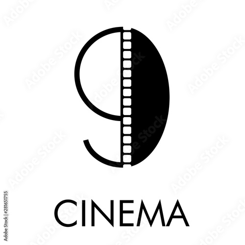 Logotipo con texto CINEMA con número 9 como tira de película en color negro