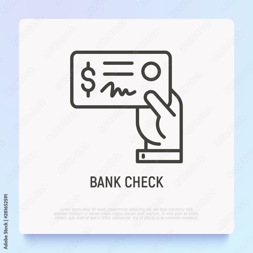 Bank check in hand thin line icon. Modern vector illustration. Bank check in hand thin line icon. Modern vector illustration.