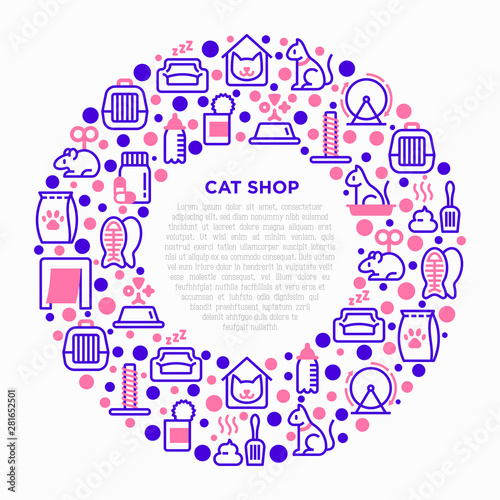 Cat shop concept in circle thin line icons: bags for transportation, hygiene, collars, doors, toys, feeders, scratchers, litter, shack, training. Modern vector illustration.