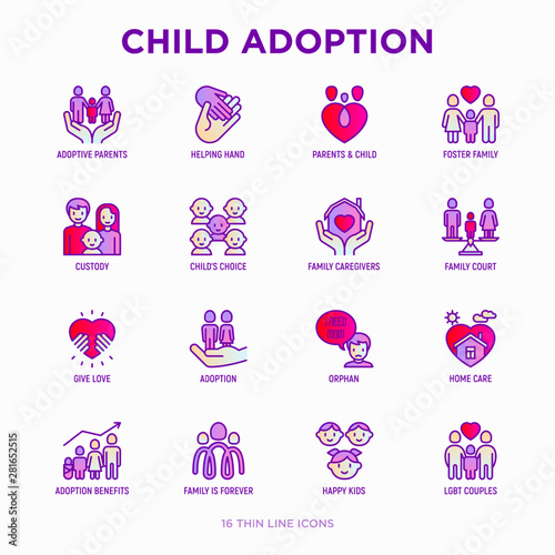 Child adoption thin line icons set: adoptive parents, helping hand, orphan, home care, LGBT couple with child, custody, cargivers, happy kid. Modern vector illustration.
