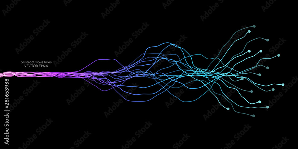 AI Artificial intelligence wave lines neural network purple blue and green  light isolated on black background. Vector in concept of technology, machine  learning, . Stock Vector | Adobe Stock