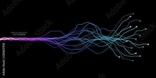 AI Artificial intelligence wave lines neural network purple blue and green light isolated on black background. Vector in concept of technology, machine learning, A.I. photo