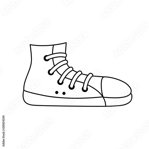 Cute cartoon sneaker illustration. Funny vector black and white sneaker illustration. Isolated monochrome sneaker illustration for various projects.