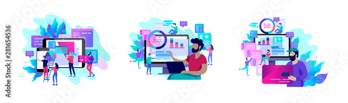 Concept illustration of business, office workers analysis of the evolutionary scale, SEO, market research Web site coding, internet search optimization. Landing page template, social