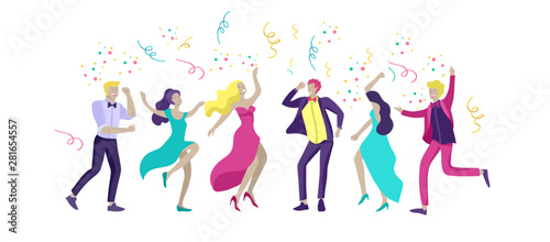 Group of smiling young people or students in evening dresses and tuxedos, happy Jumping and dansing. Prom party, prom night invitation, promenade school dance concept. Vector