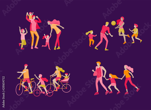 Collection of family hobby activities. Mother, father and children riding bikes, walking, roller skating, play to ball and dansing together. Cartoon vector