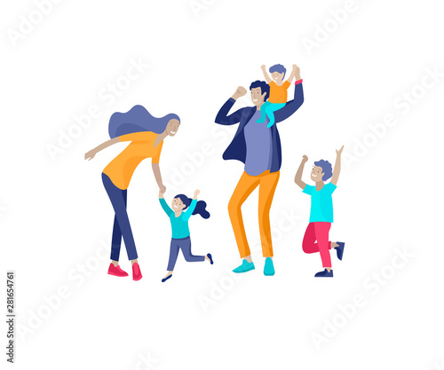 Collection of family hobby activities. Happy Mother, father and children dansing and jumping together. Cartoon vector photo