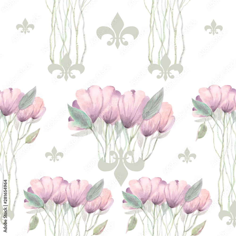 Seamless background with hand painted watercolor soft pink flowers on white background. Watercolor floral design elements.