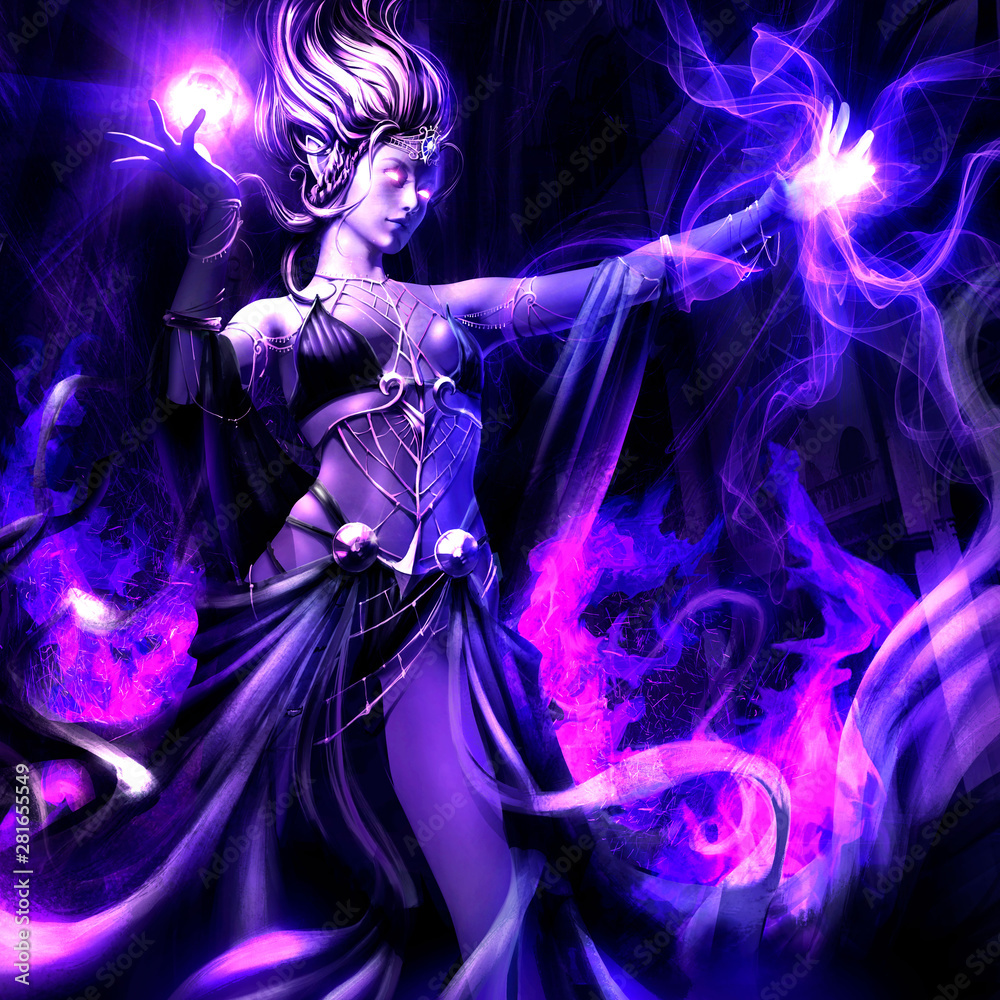 A woman in a black suit conjures purple flame . 3D illustration. A woman in a black suit conjures purple flame . 3D illustration.