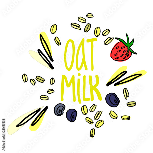 Oat milk promotion illustration. Hand drawn oat grains and natural flavoring ingredients. Dairy milk alternative concept