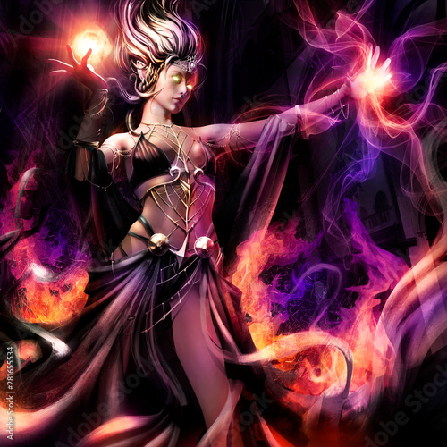 Fototapeta Priestess of fire in a black revealing dress conjures flame with a purple hue