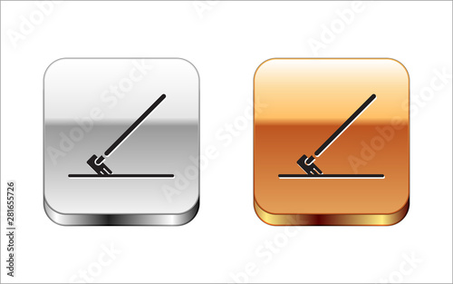 Black Garden rake in work icon isolated on white background. Tool for horticulture, agriculture, farming. Ground cultivator. Silver-gold square button. Vector Illustration