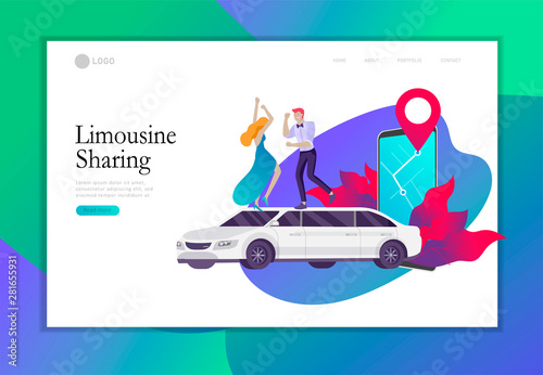Landing page template mobile city transportation, online limousine sharing with woman in elegant evening dress and man beside luxury limousine and smartphone. Vector flat style