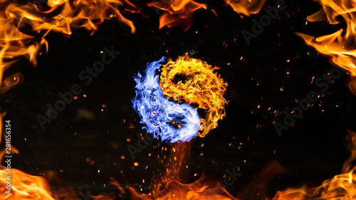 Quadro em tela fire yin yang symbol, orange and blue with fire frame