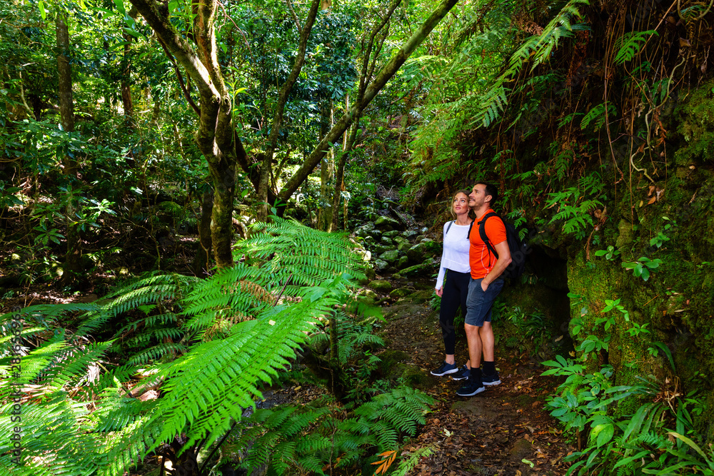 Couple exploring in the lush Lamington National Park, Queensland Couple exploring in the lush Lamington National Park, Queensland