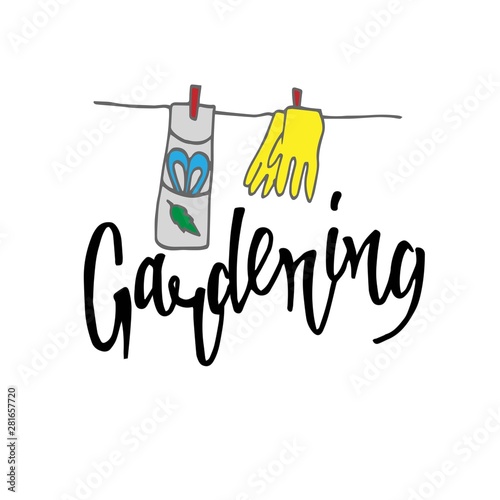 Garden tool vector gardening equipment of gardener farm collection or farming set illustration isolated on white background Hand drawn. Lettering photo