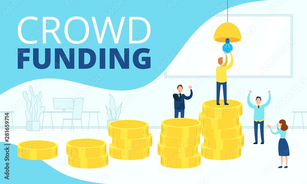Flat vector illustration of crowdfunding, how thanks to investing in a startup