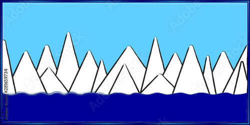 Snow-capped mountain range in the blue ocean against a blue sky