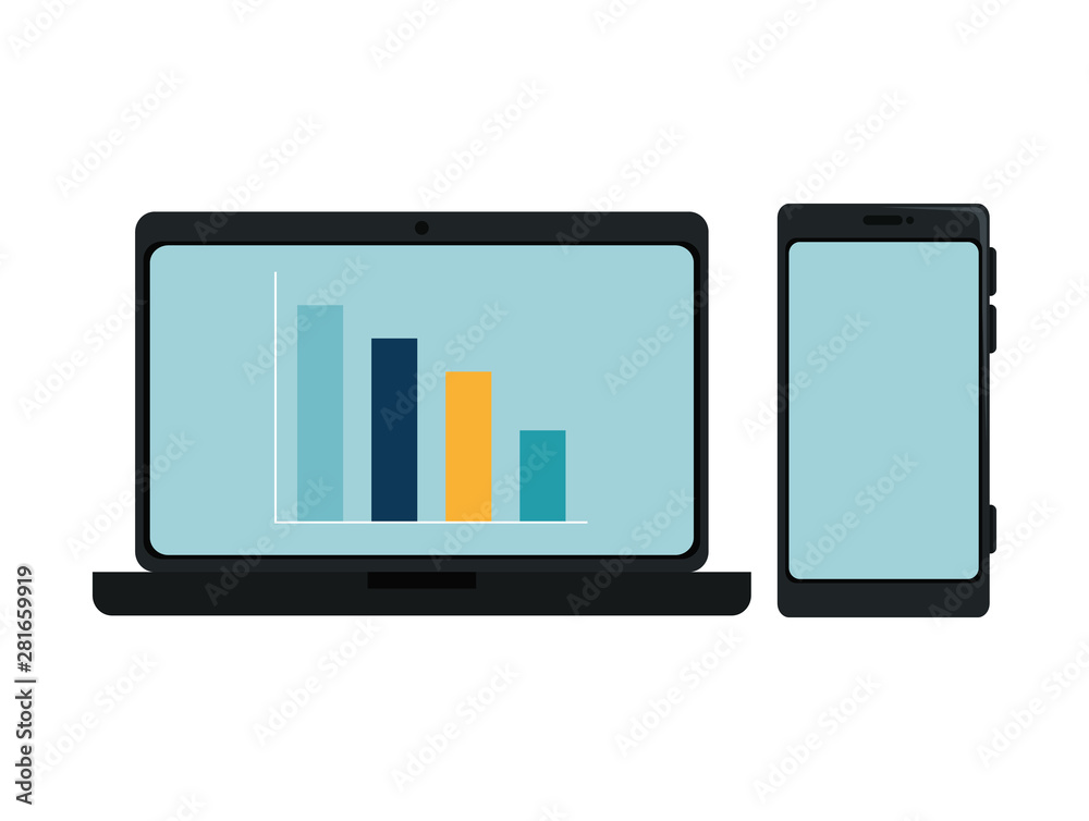 laptop computer with bars statistics and smartphone laptop computer with bars statistics and smartphone