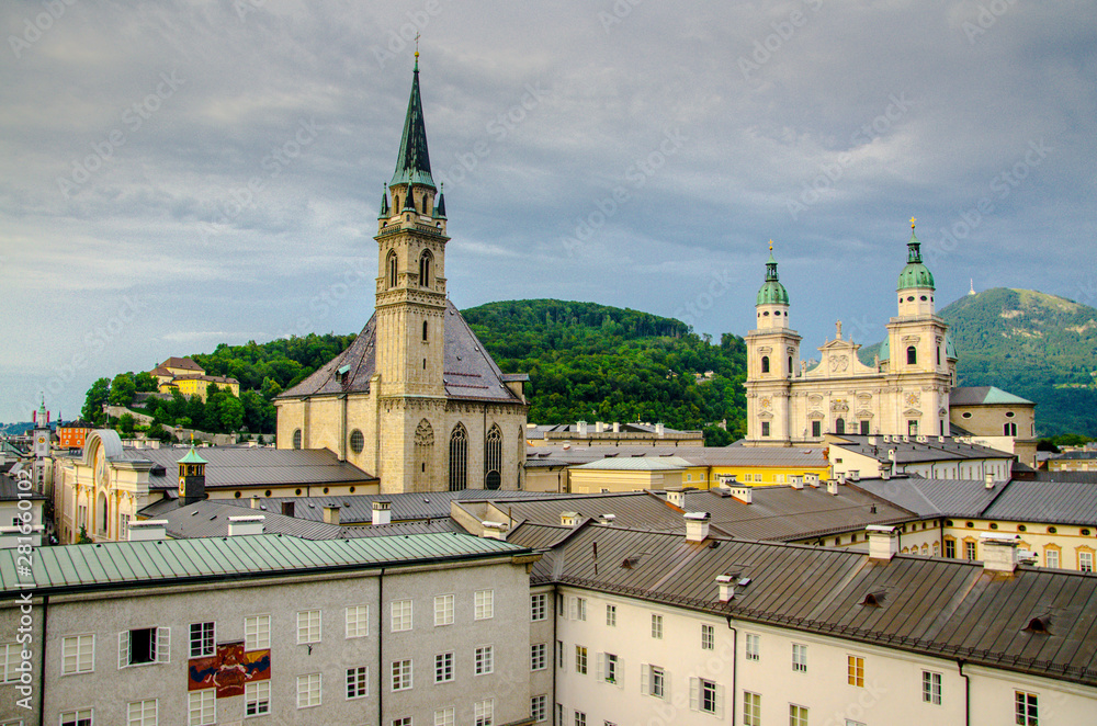 View of the Salzburg Cathedral and the Franciscan Church, Salzburg, Austria