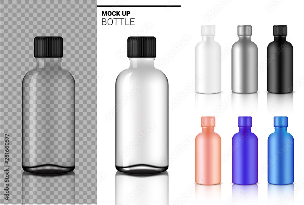 Bottle Mock up Realistic transparent white, black and glass or plastic Packaging. for Food and Health Care Medicine Product on white Background Illustration. Bottle Mock up Realistic transparent white, black and glass or plastic Packaging. for Food and Health Care Medicine Product on white Background Illustration.