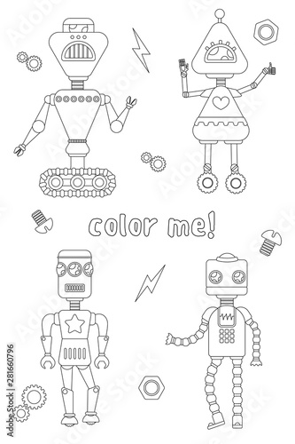 Coloring book with robots black and white illustration.
