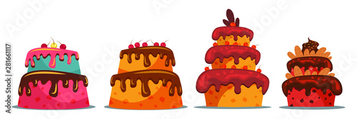 Set of delicious two and three tier cakes flat vector illustration
