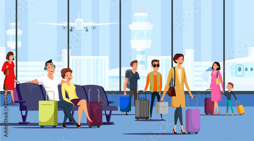 People at airport terminal flat illustration. Vector design element.