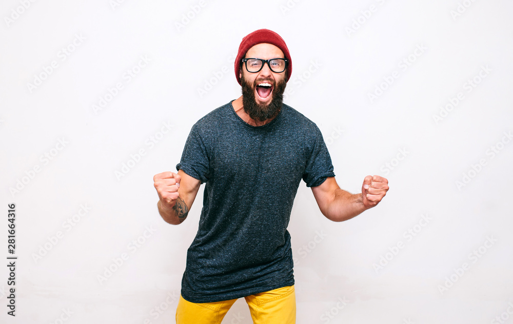 Naklejka premium Crazy hipster guy emotions. Collage in magazine style with happy emotions. Discount, sale, season sales.