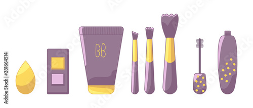 Set of decorative cosmetics for daily makeup. Brushes, mascara, bb cream, sponge and eye shadow.
