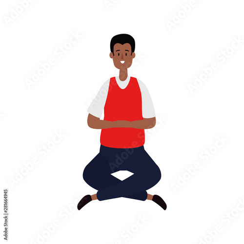 afro businessman seated in lotus position