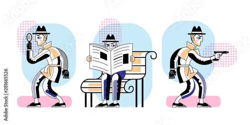 Detective investigation flat illustrations set