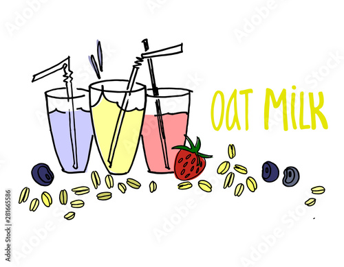 Glasses of oat milk with natural flavoring ingredients. Dairy milk alternative concept
