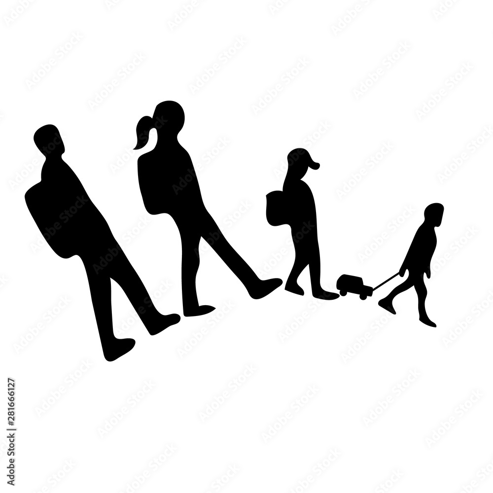 Traveling family silhouettes icon. Man, woman, kids. Simple Flat monochrome icon.