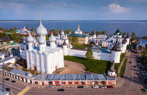 Картината върху платно Aerial view of  district of Rostov-on-don on riverside with church