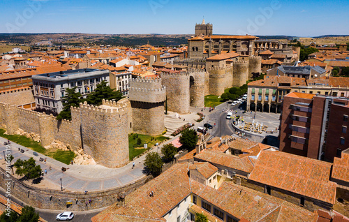 View from drone of fortified city of Avila with Cathedral photo
