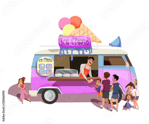 Ice cream van, food truck flat vector illustration
