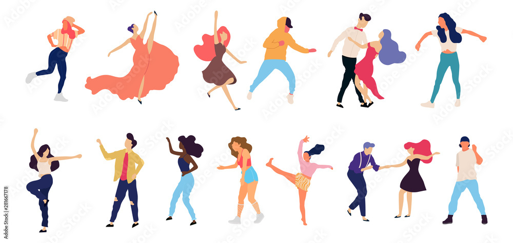 Crowd of young people dancing at club. Big set of characters having fun at party. Flat colorful vector illustration. - Vector