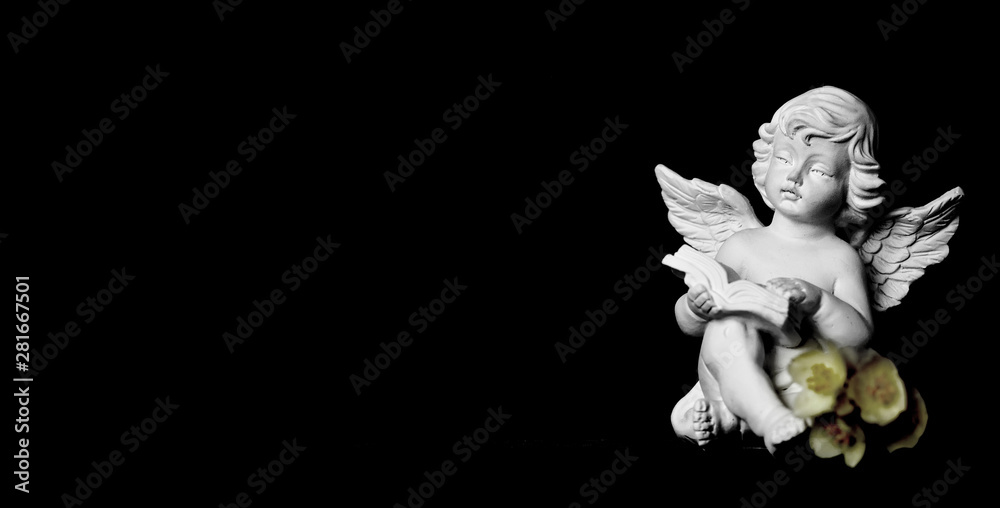 Fototapeta Condolence card with guardian angel on black background