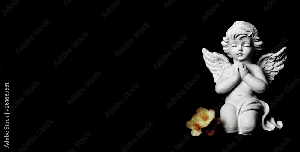 Condolence card with guardian angel and jasmine flowers on black background