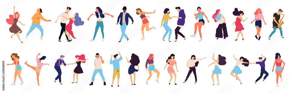 Fototapeta premium Crowd of young people dancing at club. Big set of characters having fun at party. Flat colorful vector illustration. - Vector