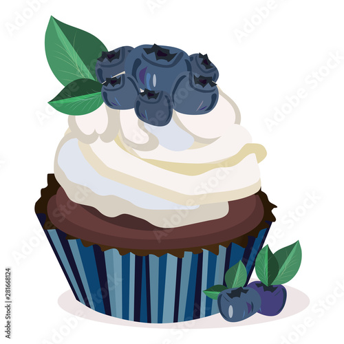 Vector bluberry cupcake print,illustration. Isolated elements. Berries, leaves,cupcake