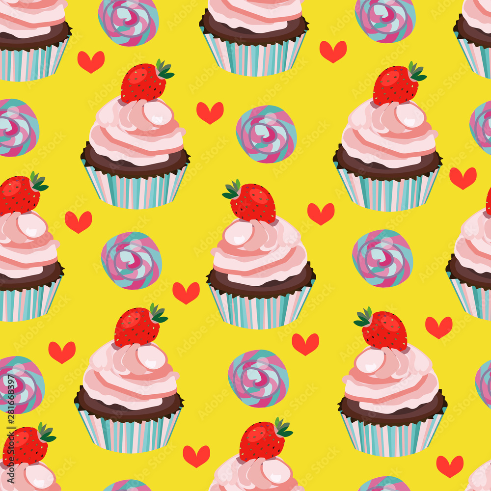 Vector seamless strawberry cupcake, cake, muffin print, pattern,background. Soft pink and blue colors. Vector seamless strawberry cupcake, cake, muffin print, pattern,background. Soft pink and blue colors.