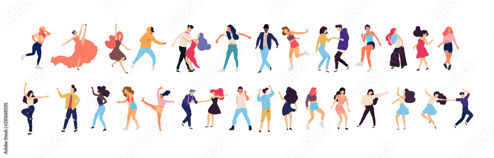 Crowd of young people dancing at club. Big set of characters having fun at party. Flat colorful vector illustration. - Vector