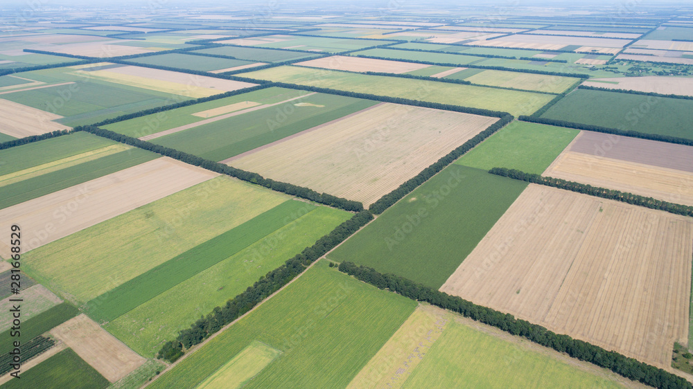 Aerial view of fields with various types of agriculture.