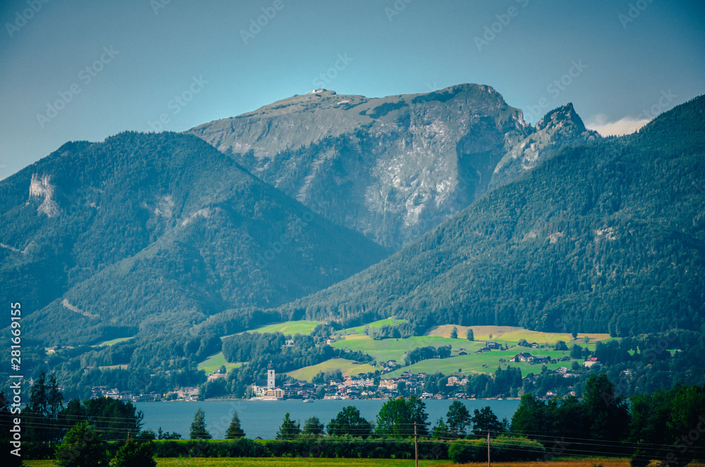 Fototapeta premium Lake under mountains, alps landscape, Switzerland