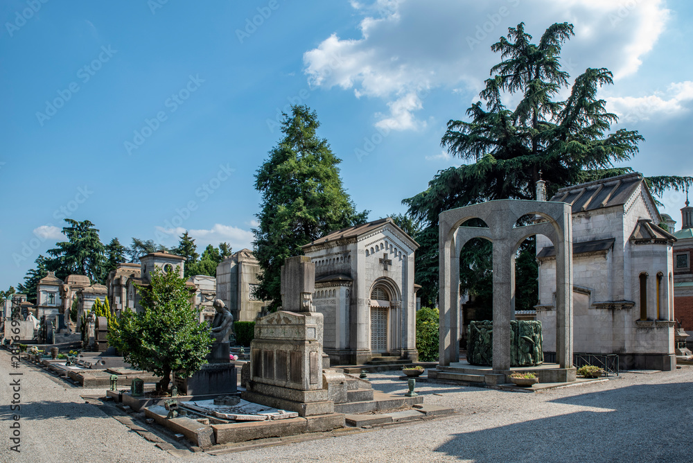 the tombs on the Monumental Cemetery of Milan, Italy