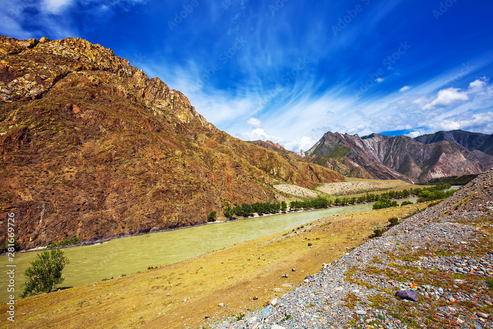 Katun river surrounded by mountains. Altai Republic, Russia Katun river surrounded by mountains. Altai Republic, Russia