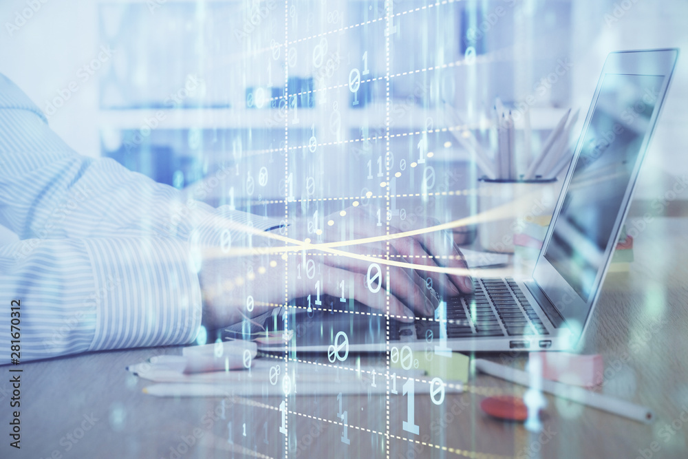 Businessman working on Laptop with technology theme drawing. Concept of big data. Double exposure.